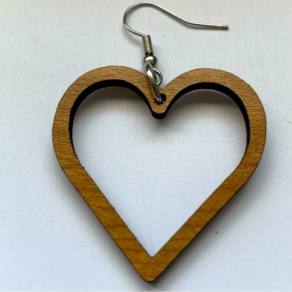 Brown Wood Earrings with Heart and Circle Designs